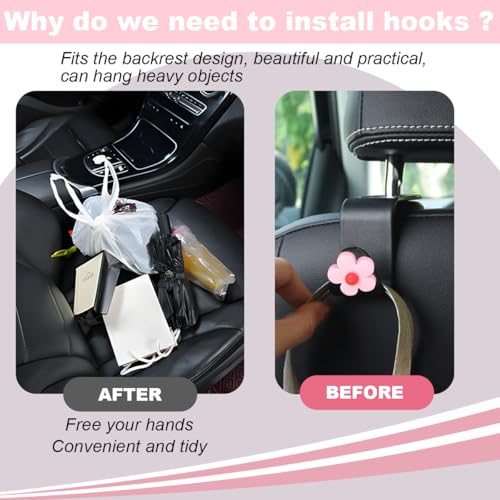 4 PCS Car Headrest Hook, Multifunctional Flower Vehicle Seat Back Storage Hook, Cute Automotive Seatback Organizer Hanger for Purse Grocery Bag Handbag, Universal Fit (Black/Pink) - color: Black/Pink