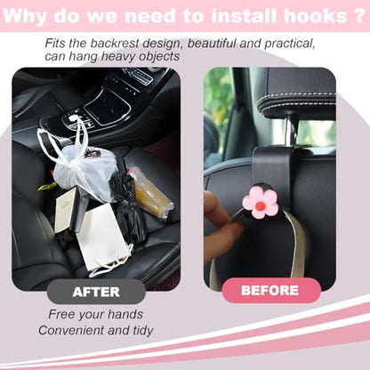 4 PCS Car Headrest Hook, Multifunctional Flower Vehicle Seat Back Storage Hook, Cute Automotive Seatback Organizer Hanger for Purse Grocery Bag Handbag, Universal Fit (Black/Pink) - color: Black/Pink