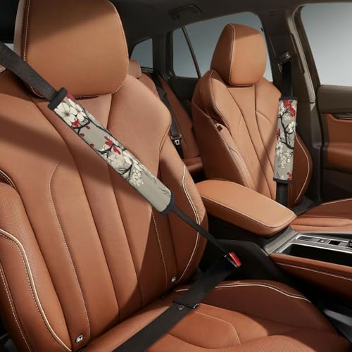 Seat Belt Cover Pad Japanese Red White Cherry Blossom Soft Safety Car Automotive Seat Belt Pads Cushion Shoulder Strap Covers for Cars or Bags, 2 Pcs - color: Japanese Red White Cherry Blossom