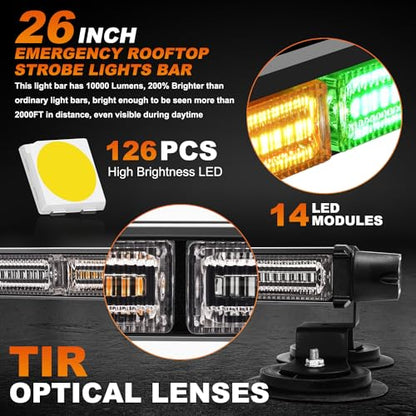 ASPL 26inch 126 LED Rooftop Emergency Strobe Lights Bar Double Side Flashing Safety Warning Traffic Advisor Light Bar Hazard Snow Plow Light for Trucks Vehicles Construction Tow Pickup(Amber/Green) - color: Amber/Green