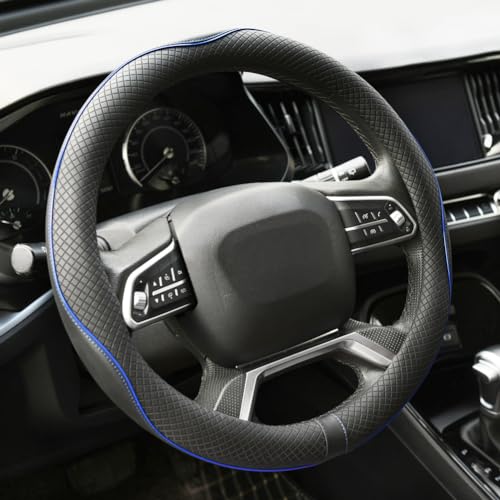 Rueesh Microfiber Leather Steering Wheel Cover Anti-Slip Matte Finish Auto Car Wheel Cover Universal 15 Inch Wheel Cover for Car Embossing Pattern Blue Line - color: Blue Line
