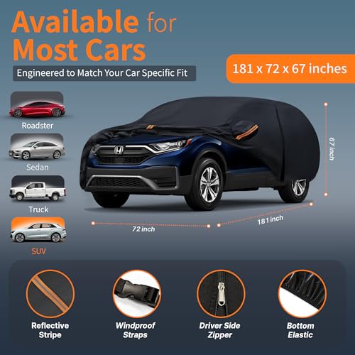 Waterproof Car Cover All-Weather, Heavy-Duty Outdoor Full Exterior Automobiles Snow Cover for SUV Up to 181 inch with Sun Visor,Zippered & Storage Bag - Black - size: Fit SUV Jeep up to 181 inch(YM)