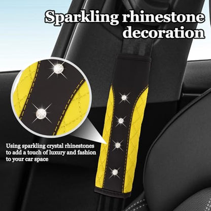 Hovom 2PCS Bling Car Seat Belt Cover Pad, Leather Seatbelt Covers for Cars, Soft Safety Seatbelt Shoulder Strap Covers, Rhinestone Auto Seat Belt Protector Cushion for Women Girls (Yellow) - color: Yellow