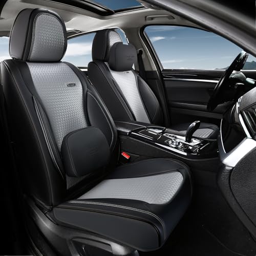Coverado Seat Covers, Car Seat Covers Front Seats, Waterproof Nappa Leather Auto Seat Cover with Lumbar Head Pillow, Black Gray Seat Covers Carseat Cover Universal Fit for Most Cars - color: Black&Grey（Pillow）, size: Front