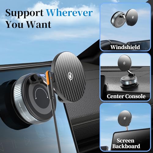 PlusAcc Vacuum Magnetic Phone Holder for Car, Suction Cup Phone Mount for MagSafe, 360°Rotatable Strong Magnet Stand for iPhone 16/15/14/13 in Smooth Surface (Charging)