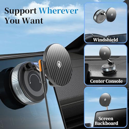 PlusAcc Vacuum Magnetic Phone Holder for Car, Suction Cup Phone Mount for MagSafe, 360°Rotatable Strong Magnet Stand for iPhone 16/15/14/13 in Smooth Surface (Charging)