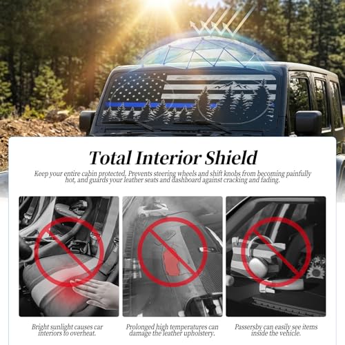 63"x28.5" Car Windshield Sun Shade with Storage Pouch, Stylish Printed Front Window Sunshade with Double Ring Frame, Universal Fit Foldable Heat Blocker & UV Protector for SUV, Sedan (Blue Line Flag) - color: Blue Line Flag