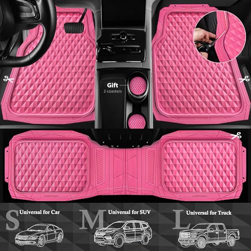 CAR PASS Heavy Duty Rubber Hot Pink Car Floor Mats & Cargo Liners, Deep Dish All-Weather Trunk Mats Durable Anti-Slip 3D Rhombus Waterproof Trim to Fit Liner Universal Fit Auto,Sedan,SUV,Truck, Pink - color: hot pink with cargo liner