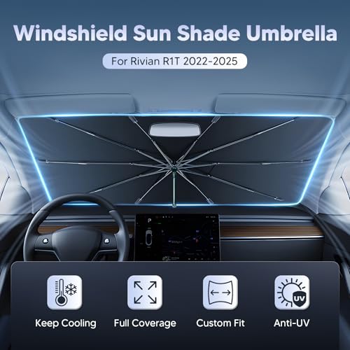 Autorder Windshield Sun Shade Umbrella for 2022-2025 Rivian R1T Accessories,Upgraded Ice Crystal Material,Easy Setup Umbrella Sunshade for Car Windshield,100% Sun Blocking - size: Rivian R1T 2022-Present