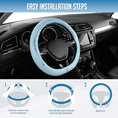 PIC AUTO Steering Wheel Cover, Light Blue Patterned Leather Patchwork Design, Universal Fit 14.5"–15.5" D-Shape Steering Cover, Soft PU Grain Leather, Durable Grip Car Accessory for Girls & Women - color: Fits D-Shape Light Blue