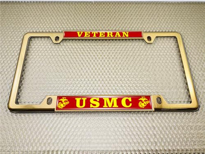 [Officially Licensed US Marine Corps Product] - Veteran USMC with EGA Emblem - Domed Custom-Made Personalized Thin Top 4-Hole Metal Car License Plate Frame with Free caps - Gold Frame (Qty: 1) - color: Gold - Style 2