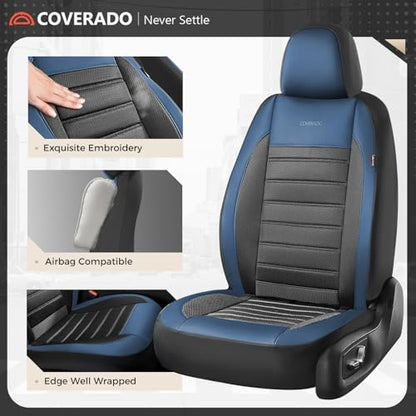 Coverado Car Seat Covers Front Seats, Luxury Leather Car Seat Covers, Automotive Mesh Seat Covers 2 Pack, Airbag-Compatible, Black Blue Seat Covers for SUV Sedan Truck - color: Blue&Black, size: Frontpair