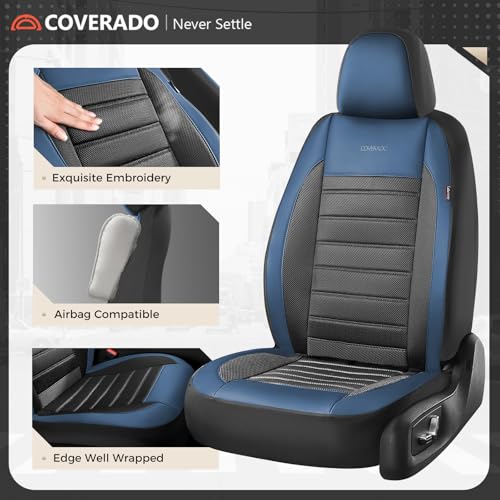 Coverado Car Seat Covers Full Set, Luxury Leather Car Seat Covers, Automotive Front and Rear Mesh Seat Covers, Full Set 5 Seats, Blue Black Seat Covers for SUV Sedan Truck - color: Blue&Black, size: Fullset