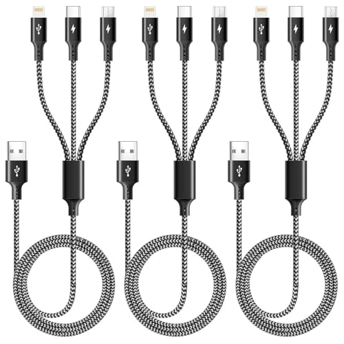 ASICEN 3 in 1 Multiple Charging Cord, Braided Multi Charger Cable USBC Charging Cable Universal USB Cable with Type C/Micro USB Port for Cell Phones, iPhone 17 16 15 14 13 Series, Tablets, More