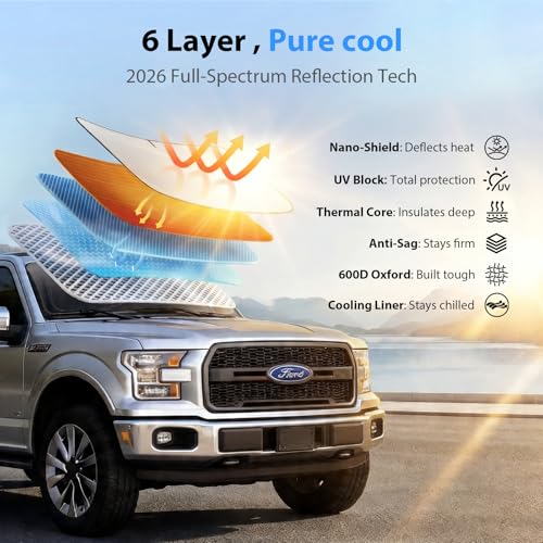 Upgraded Windshield Sun Shade for Ford F-150/Explorer, Trucks & SUVs [Nano Ice-Crystal Cooling, 99.9% Sun Protection] Foldable Sunshade with Storage Bag, Car Accessories, L(64 x 34 in) - size: L | 64"L x 34"W