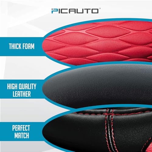 PIC AUTO Steering Wheel Cover, Red Thick Rhombic Foam and Premium Leather, Universal 14.5-15.5 Inch Breathable Anti-Slip Steering Wheels Accessories for Men & Women - color: Red