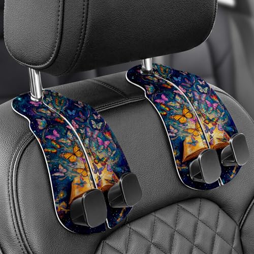 WOCOCN 2 Pack Car Purse Hook for Car Seat Headrest, Double-Sided PrintingPU Leather Purse Holder with Metal Hook, Cute Car Accessories for Women, Men (Car hook - Book Butterfly A) - color: Car hook - Book Butterfly A
