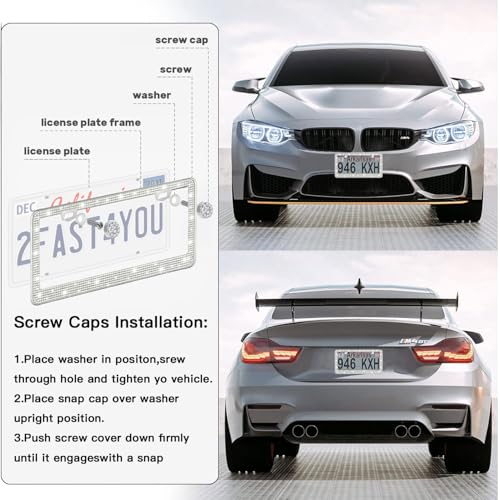 2 Pack License Plate Frames for Women, Sparkly Rhinestone Diamond Car Accessories with Glitter Crystal Caps (White (2PCS)) - color: White (2PCS)