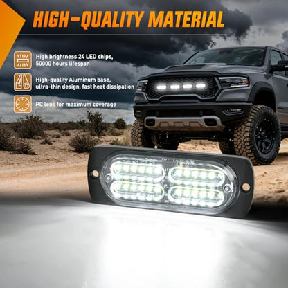 Nilight 4PCS 24LED Emergency Strobe lights 12V 24V White Surface Mount Grille Hazard Safety Warning Light Sync Feature Side Flashing Marker Flash for Car Truck Campers - color: White