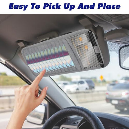 CD Visor Holder for Car, DVD Vehicle Visor Storage Organizer Gray Large Capacity CD Case with 12 Storage Sleeves, 1 Mesh Pocket, 1 Pen Loop & Elastic Strap