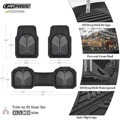CAR PASS Heavy Duty Rubber Car Mats, Deep-Dish Car Floor Mats All Weather, Universal Two-Tone Trim-to-Fit for SUVs Trucks Sedans, Waterproof Anti-Slip, 3 Pieces V12 Black and Charcoal - color: Black and Charcoal