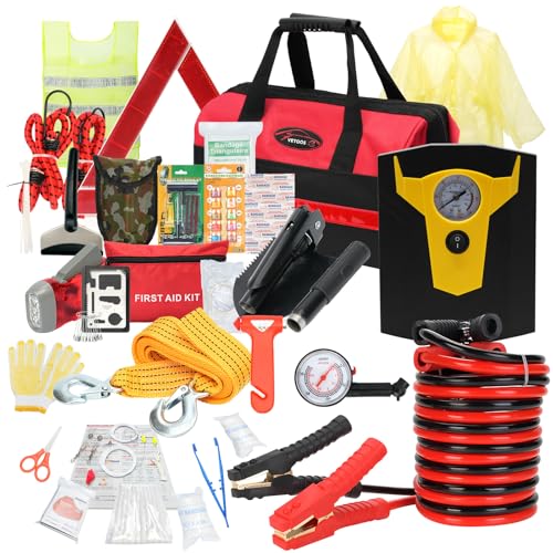 Vetoos Car Roadside Emergency Kit with Jumper Cables, Auto Road Side Safety Kit for Vehicles - with Premium Carry Bag, Portable Air Compressor - style: with Air Compressor