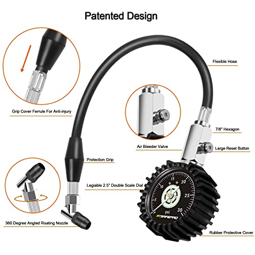 ATsafepro Low Pressure Tire Gauge to 30PSI, 2.5” Mechanical Tire Gauge with Flexible Hose and Angled Chuck, Analog Air Pressure Gauge Glow in The Dark for ATV, Off Road, Lawn Mower Etc - size: 30 PSI