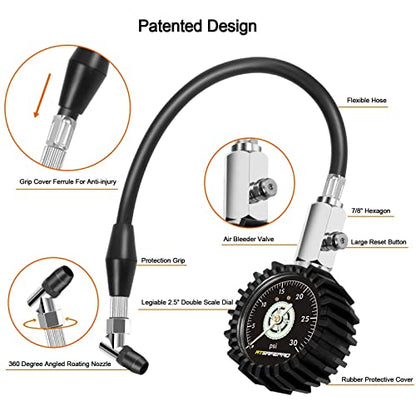 ATsafepro Low Pressure Tire Gauge to 30PSI, 2.5” Mechanical Tire Gauge with Flexible Hose and Angled Chuck, Analog Air Pressure Gauge Glow in The Dark for ATV, Off Road, Lawn Mower Etc - size: 30 PSI