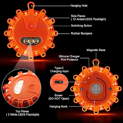Meliya USB C Rechargeable LED Road Flares Emergency Lights with Magnetic Base, 9 Strobe Options Roadside Emergency Warning Car Safety Beacon Flashing Disc Flare Kit (Orange Lights, 3 Pack) - color: Orange Lights