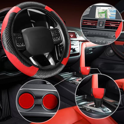 Riakrum 30 Pcs Car Accessories Set Red and Black PU Leather Steering Wheel Cover Auto Interior Accessories Gift Car Vent Trim Strips Air Conditioner Insert Strips with Installation Tool