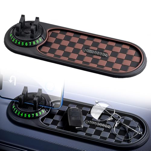 Mobile Phone Bracket Anti-Slip Mat, 2026 New Multifunction Car Dashboard Mat with Temporary Parking Number, Rotatable Anti Skid Car Dashboard Pad for Phones Sunglasses Keys Gadgets (Brown) - color: Brown