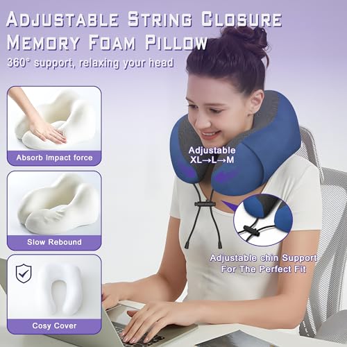 Neck Travel Pillow, Upgraded Memory Foam Pillow for Airplane, Machine Washable, Adjustable Flight Pillow, Suitable for Sleeping Airplane, Car, Office and Home (Blue) - color: Blue