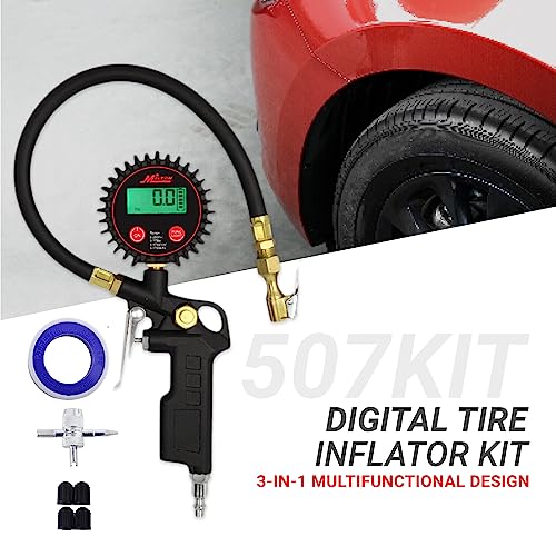 Milton 507KIT Digital Tire Inflator Car Accessories w/Accurate Air Tire Pressure Gauge, 14” Rubber Air Hose – 250 PSI, Brass Lock-On Clip Air Chuck and Compressor Accessories