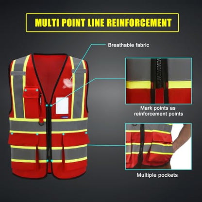 AYKRM Security Vest for Men Women 7 Pockets High Visibility Reflective Safety Vest Front Zipper Meets ANSI/ISEA - color: Red-emergency, size: X-Small