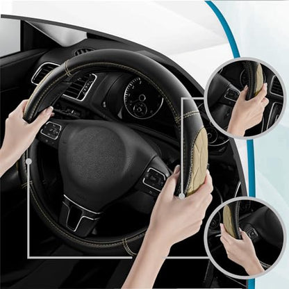 PIC AUTO Steering Wheel Cover, Beige Thick Rhombic Foam and Premium Leather, Universal 14.5-15.5 Inch Breathable Anti-Slip Steering Wheels Accessories for Men & Women - color: Beige