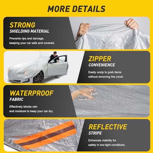 Caromop 10-Layer Waterproof Car Cover All Weather Protection (Snow, Rain, Sun) with Secure Fit Straps and Easy On/Off Zipper-Size A1 (See Size-Chart) - size: 2-A1