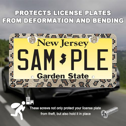 DXNQ Bling License Plate Frame, Sparkly Rhinestone Diamond License Plate Cover with Crystal Screws Caps, Glitter Crystal Stainless Steel License Plate Holder for Women, Car Accessories (Leopard) - color: Leopard