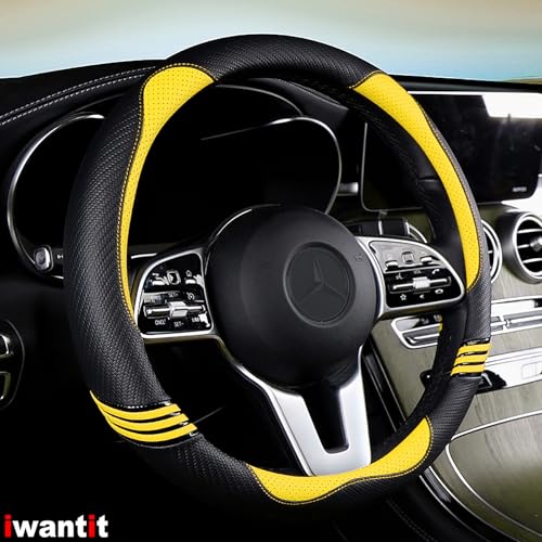 Iwantit® Steering Wheel Covers with Leather and Anti-Slip Rubber Ring, Universal Fit 14.5-15 inches for Cars,SUV (Yellow/Black) - color: 006-Yellow/black