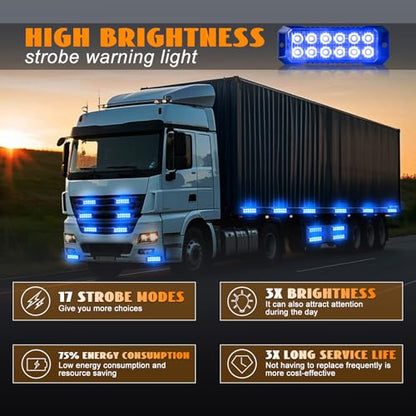 4PCS 12-LED Strobe Lights Ultra Slim Grille Surface Mount Flashing Emergency Safety Warning Lights Sync Feature Hazard Emergency Lights for Vehicles Trucks Cars Firefighter (Blue) - color: Blue 4PCS, size: 4PCS