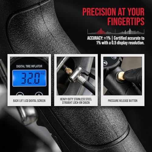 Digital Tire Pressure Gauge with Inflator, 3-250 PSI Air Chuck & Compressor Accessories Heavy Duty with Quick Connect Coupler, 0.1 Display Resolution