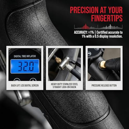 Digital Tire Pressure Gauge with Inflator, 3-250 PSI Air Chuck & Compressor Accessories Heavy Duty with Quick Connect Coupler, 0.1 Display Resolution