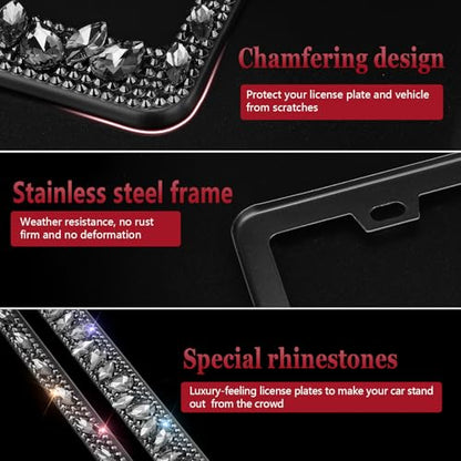 OKLPF Rhinestone Bling License Plate Frames for Women - Sparkle with Glitter Crystals & Diamond Bedazzled License Plate Cover, Fits Standard US Plates, Comes with Anti-Theft Screws & Gift Box(Black) - color: Black, size: 2pc