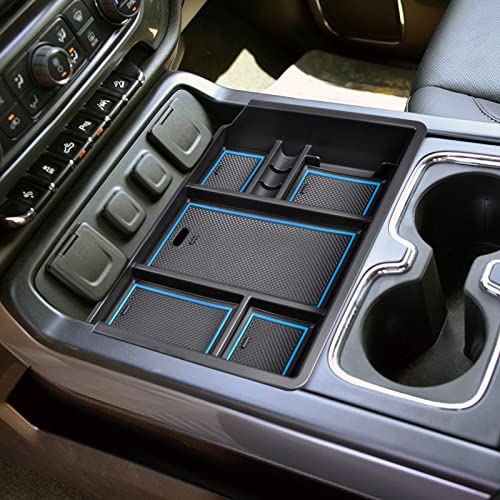Center Console Organizer Tray Compatible with Chevy Silverado/GMC Sierra 1500/2500/3500HD 2014-2018,15-19 Silverado/Sierra 2500HD/3500HD Accessories Compartment,Full Console w/Bucket Seats ONLY,Blue - color: Blue Trim