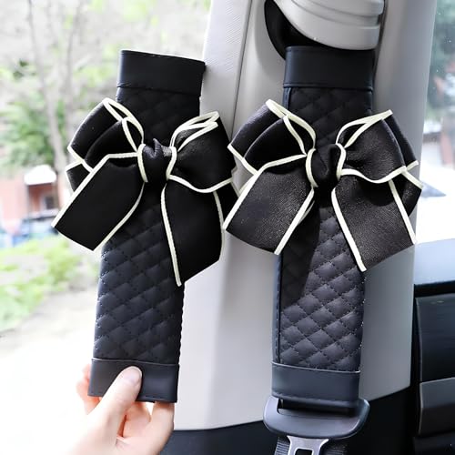 Cute Bow Leather Car Seat Belt Cover Pads,2 Pcs & 4 Pcs Seat Belt Cover for Shoulder, Seatbelt Cushion, Car Seat Strap Pads, Seatbelt Covers for Women (Black,2) - color: Black