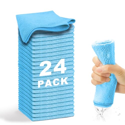 Microfiber Cleaning Cloth-24Pcs (13x13 inch) Ultra Soft Highly Absorbent Rags for Housekeeping-Machine Wash (Blue)