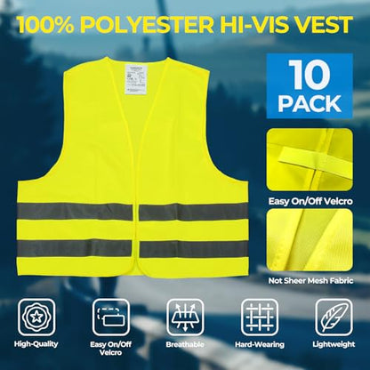 10 Pack Yellow Safety Vests, Bulk High Visibility Vest for Men / Woman, Adult Reflective Running Vest, Wholesale Work Vests For Construction, Running, Security, Cycling, Warehousing, Municipal