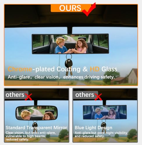 Rear View Mirror, Chrome Anti-glare Panoramic Rear Mirrors Universal 16 Inch Convex Interior Clip on Extra Big Wide Angle Rearview Mirror Extender to Reduce Blind Spot for Pickup Truck Van - size: 16 Inch