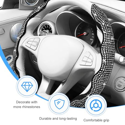 Bling Car Steering Wheel Cover, Rhinestones Non-Slip 15 Inches Vehicle Wheel Cover, Diamond Sparkling Steering Protector for Women Girls, Universal Automotive Accessories (White) - color: White