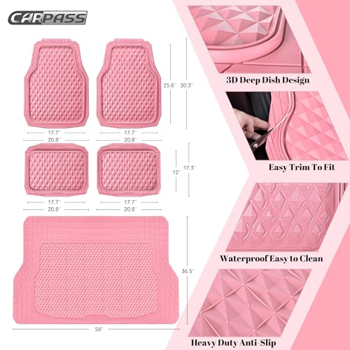 CAR PASS Heavy Duty Rubber Pink Car Floor Mats & Cargo Liners, Deep Dish All-Weather Trunk Mats Durable Anti-Slip 3D Rhombus Waterproof Trim to Fit Liner Universal Fit Auto,Sedan,SUV,Truck, Pink - color: pink with cargo liner