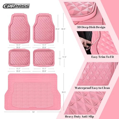 CAR PASS Heavy Duty Rubber Pink Car Floor Mats & Cargo Liners, Deep Dish All-Weather Trunk Mats Durable Anti-Slip 3D Rhombus Waterproof Trim to Fit Liner Universal Fit Auto,Sedan,SUV,Truck, Pink - color: pink with cargo liner